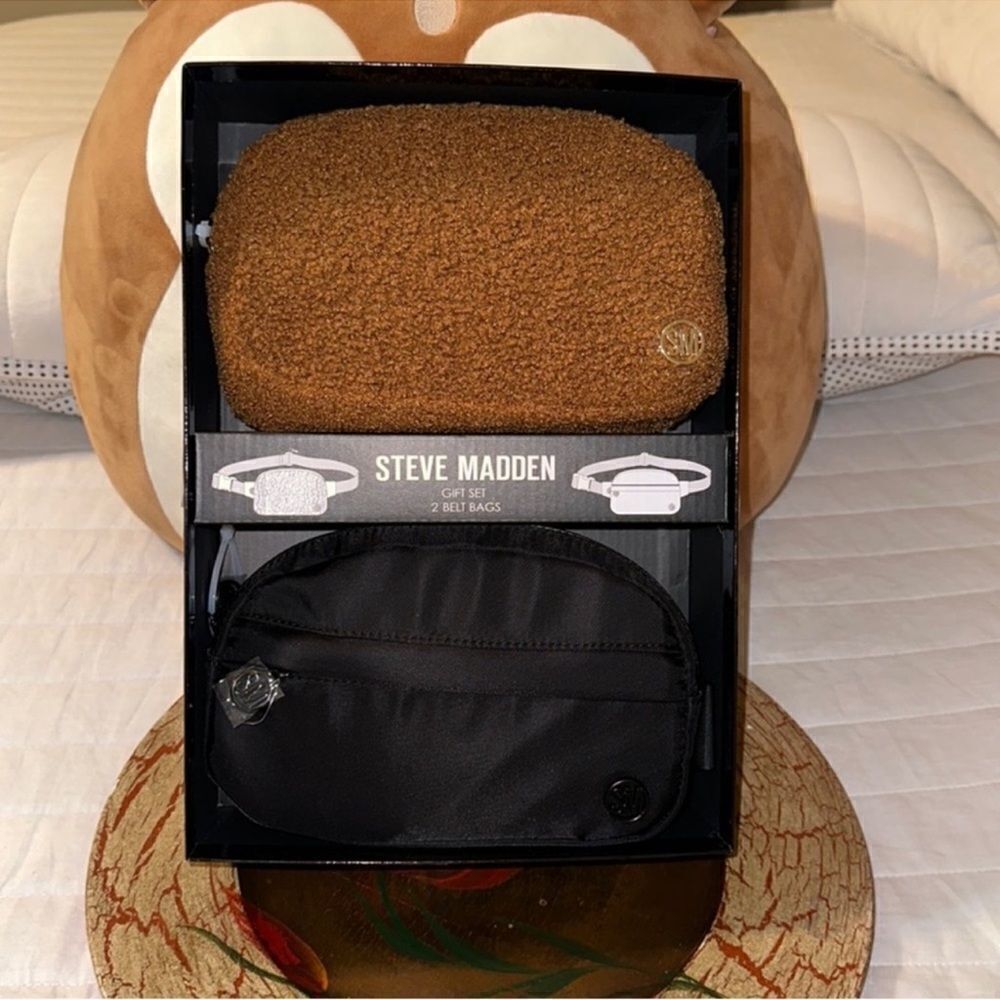 Steve Madden Two Fanny Pack Belt Bags Gift Set Sherpa Brown & Nylon Black